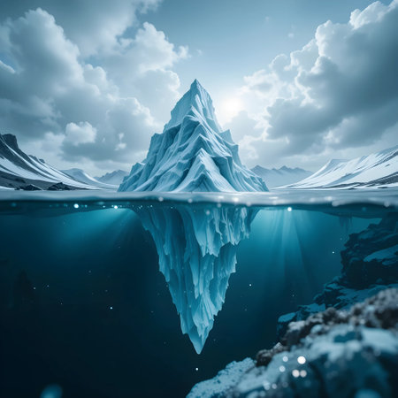 Iceberg floating in the ocean underwater. 3d render illustration.の素材
