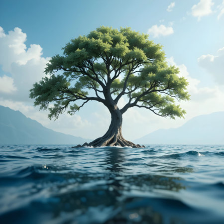 Tree on the sea. Nature composition. 3d render illustration.の素材