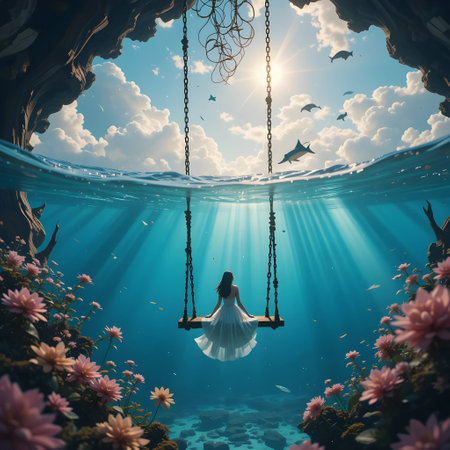 3d rendering of a girl in a white dress sitting on a swing in the seaの素材