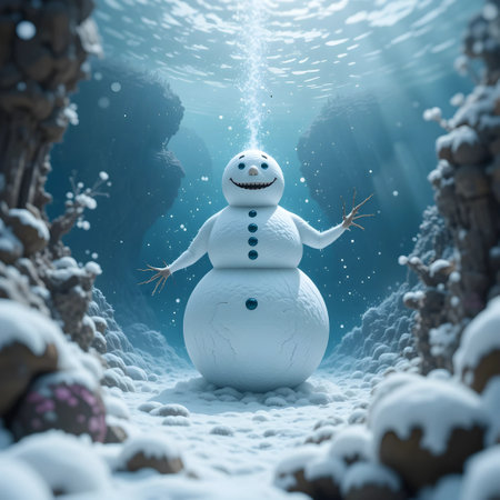 Snowman under the sea. 3D render. Christmas background.の素材