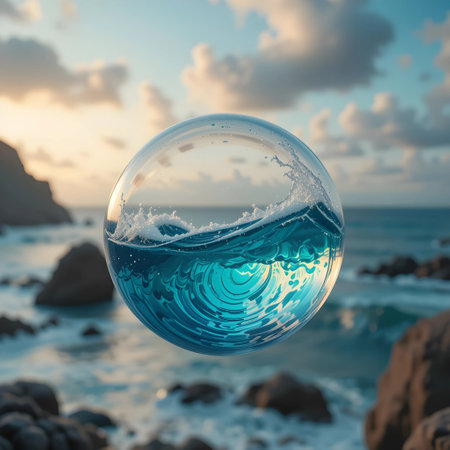Crystal ball on the background of the sea and blue sky with cloudsの素材