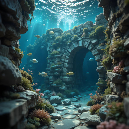 Underwater view of the underwater world. 3d render illustration.の素材