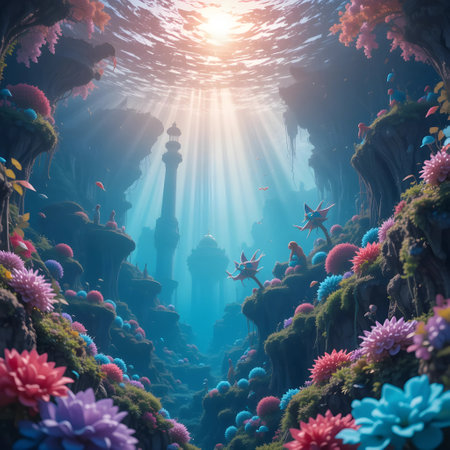 Underwater scene. Underwater world. 3d render illustration.の素材