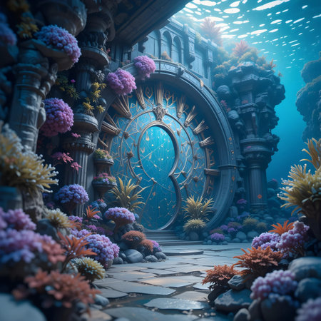 3D render of an underwater scene with a keyhole and flowersの素材