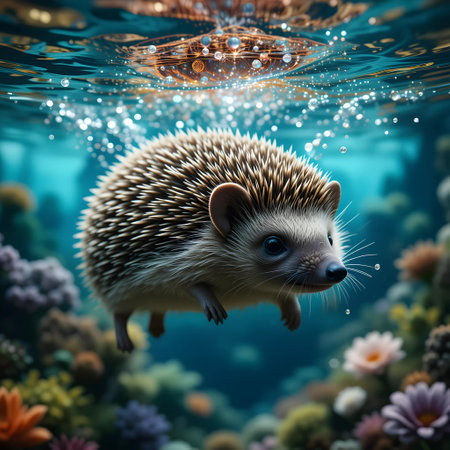 Hedgehog on the background of a beautiful underwater world. 3d renderingの素材