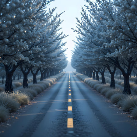 Beautiful winter landscape with a road and trees. 3d renderingの素材