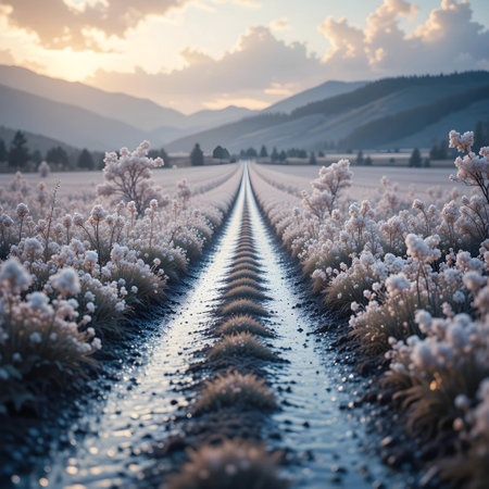 Rural landscape with a railroad in the morning light. Beautiful nature backgroundの素材