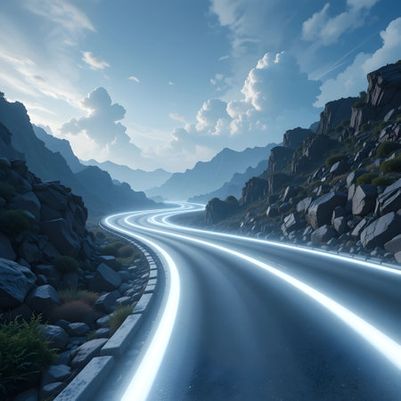 Highway in the mountains and blue sky with clouds. 3d renderingの素材