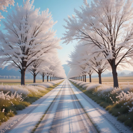 Trees along a country road in winter. 3D rendering.の素材