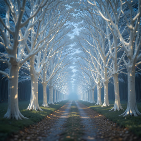 Frosted trees in a foggy forest. 3d renderingの素材