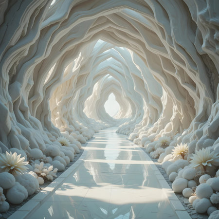 Futuristic tunnel of white stone, 3d rendering. Computer digital drawing.の素材