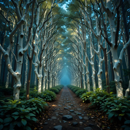 Path in the forest with eucalyptus trees at nightの素材