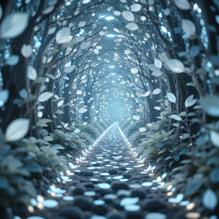 Futuristic dark forest tunnel with neon lights and trees. 3d renderingの素材