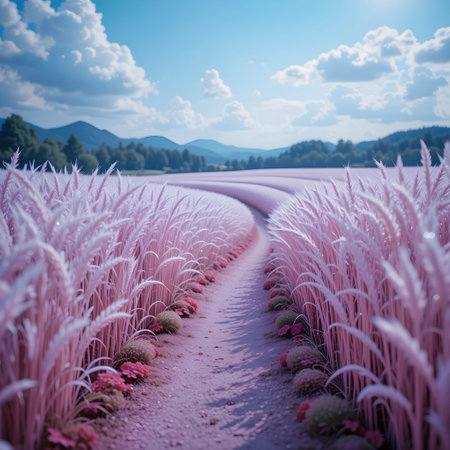 Beautiful pink flower field with blue sky and clouds in the backgroundの素材