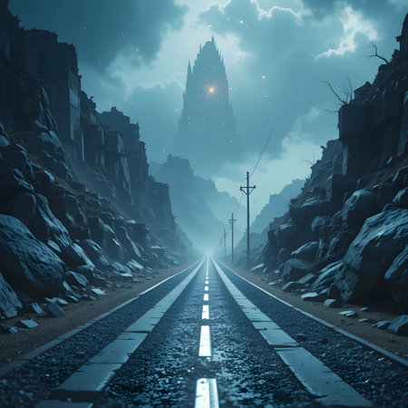 Fantasy landscape with a road leading to the temple in the skyの素材