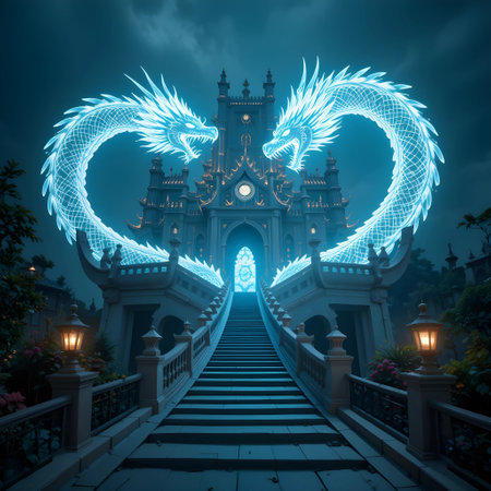 Thai temple in the evening with blue light and dragon statue.の素材