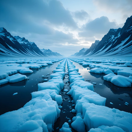 Beautiful winter landscape with ice floes and mountains in the backgroundの素材