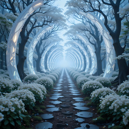 3D render of a fantasy road through a forest with white flowersの素材