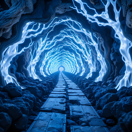 Futuristic tunnel with blue light rays. 3d rendering.の素材