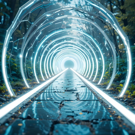 Futuristic tunnel with glowing lights in the forest. 3d renderingの素材