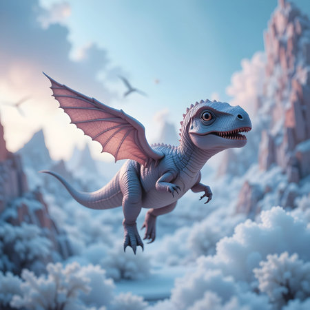 3d rendering of a fantasy dragon in a winter landscape with snowの素材