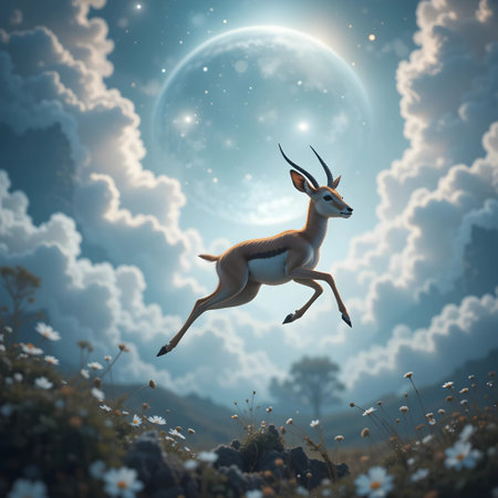 Springbok jumping in the meadow with daisies and full moonの素材
