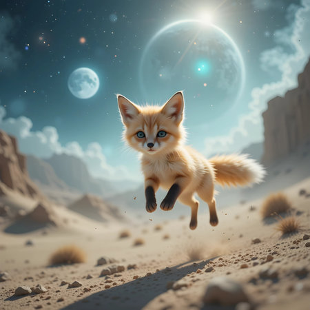Funny fox flying in the sky with full moon. 3d renderingの素材