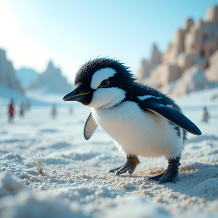 Cute penguin standing on the sand and looking at the cameraの素材