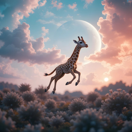 Giraffe jumping in front of a full moon. 3d renderingの素材