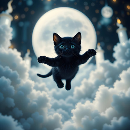 Cute black kitten flying in the night sky. Halloween background.の素材