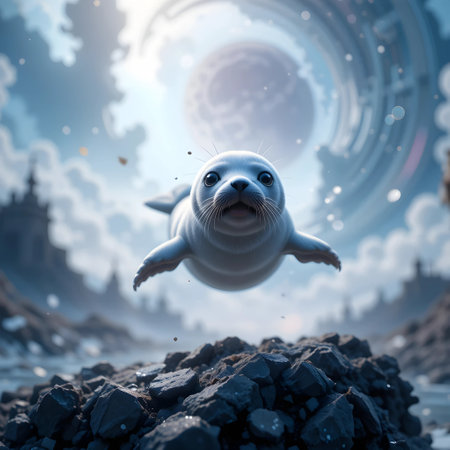Funny seal floating in the sky. 3d rendering toned imageの素材