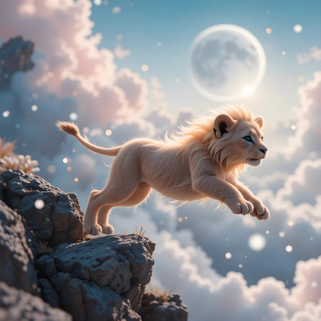 Lion jumping on the mountain in the moonlight. 3d renderingの素材