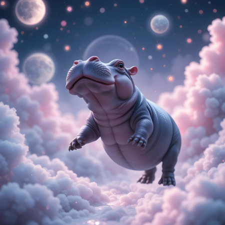 Hippopotamus in the sky. 3D illustration. Fantasy.の素材