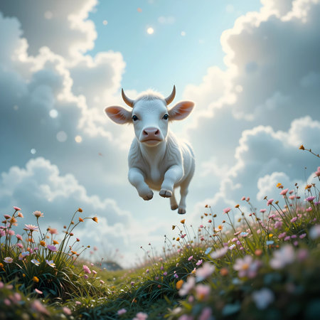 White cow jumping in the meadow with flowers and blue sky.の素材