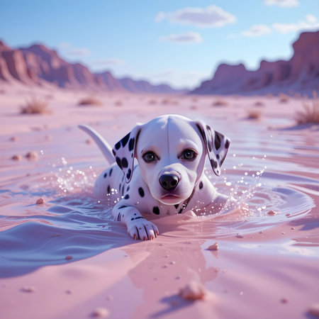 Dalmatian puppy swims in the desert. 3d renderingの素材