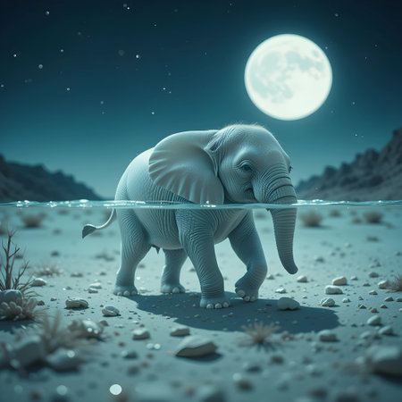 Elephant in the ocean at night with full moon. 3d renderingの素材