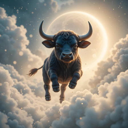 Black buffalo in the sky with full moon. 3D illustration.の素材