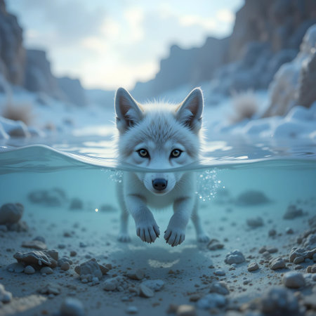 Siberian husky swims in the water. 3d renderの素材