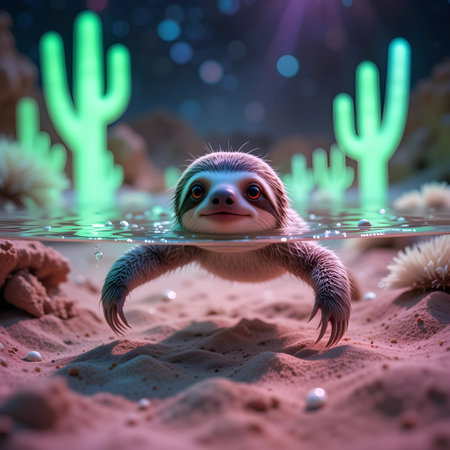 3d render of a sloth in the ocean with cactusの素材