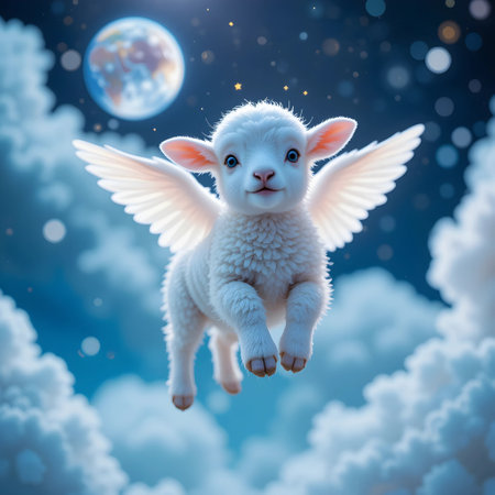 Cute little lamb with wings and moon in the sky. 3D renderingの素材