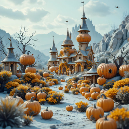 Halloween background with castle and pumpkins, 3d render.の素材