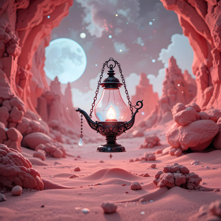 Lantern in the desert. 3D illustration. Fantasy landscape.の素材
