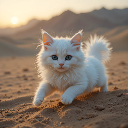 White Persian cat with blue eyes in the desert on sunset background.の素材