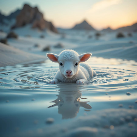 Cute little lamb in a pool of water at sunset, Icelandの素材