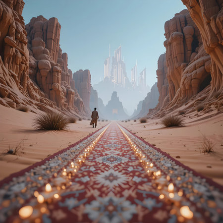 3d rendering of a woman walking through the desert with a huge city in the backgroundの素材