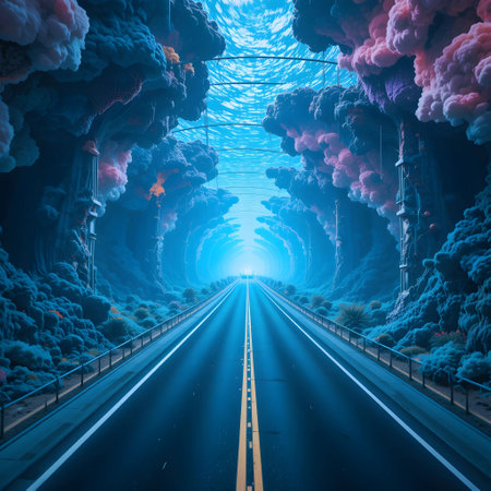 3D illustration of a highway with smoke coming out of the tunnelの素材