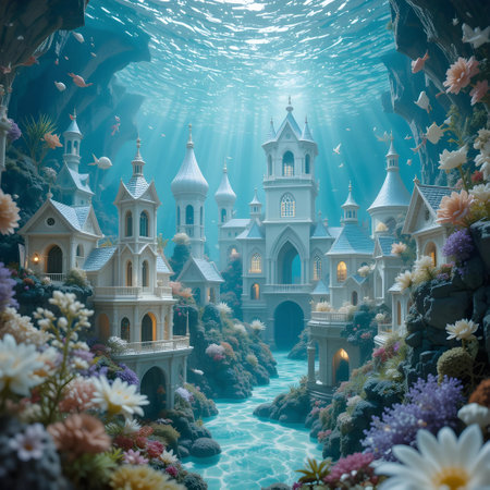Beautiful underwater world with fantasy castles and flowers. 3d renderingの素材