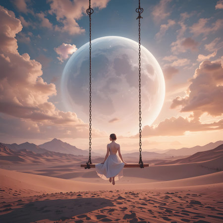 Woman sitting on a swing in the desert. 3d rendering.の素材
