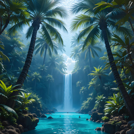 Tropical jungle with waterfall and palm trees. 3d renderの素材