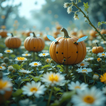 Halloween pumpkin and chamomile flowers in the meadowの素材